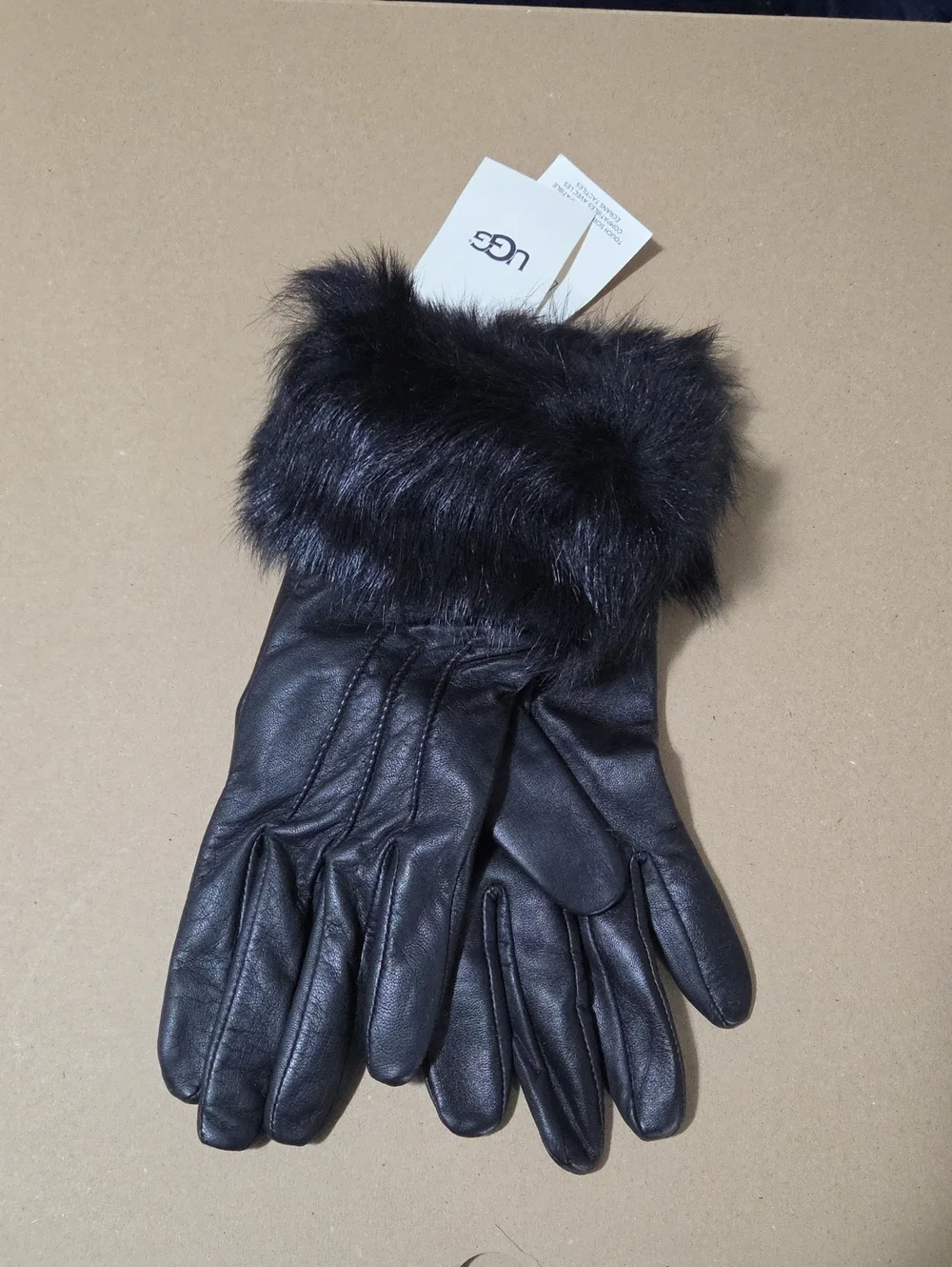 UGG Black Leather Gloves with Faux Fur Cuff